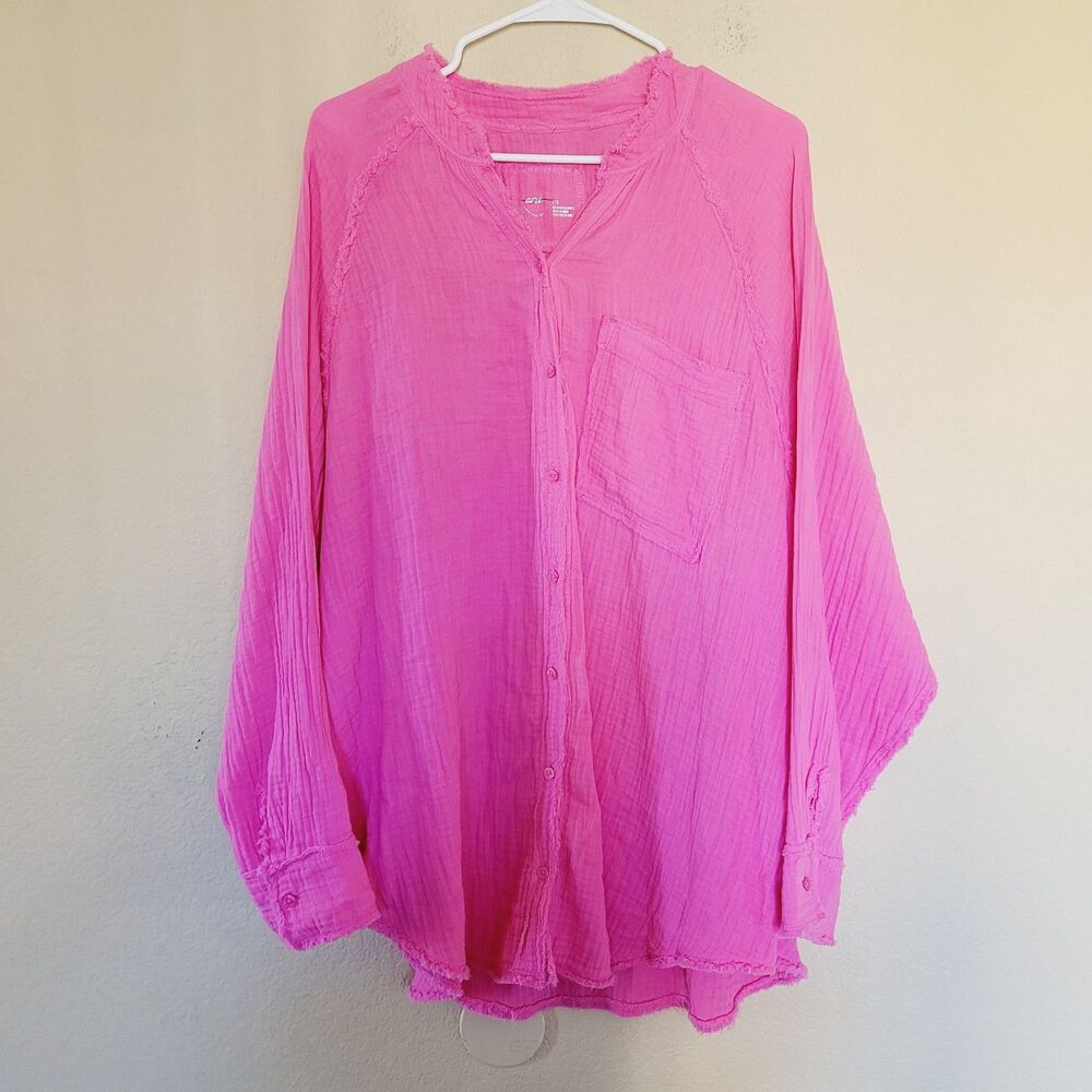 Aerie Pool To Party Gauzy Shirt Women Size Large Pink Beach Cover Up Relaxed New